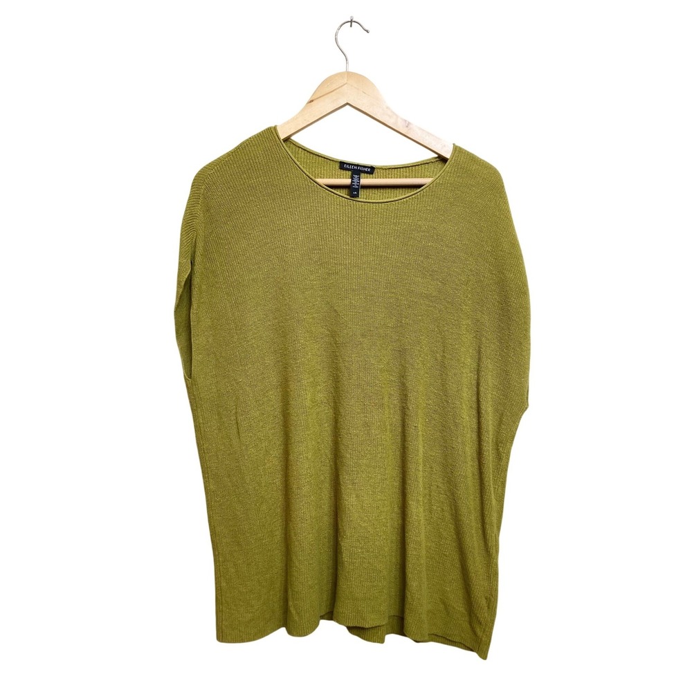 Eileen Fisher Organic Linen Cotton Knit Top Chartreuse Green Large Short Sleeve